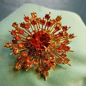 Elegant Gold and Orange Austria Crystals Brooch Vintage Sparkles Chic